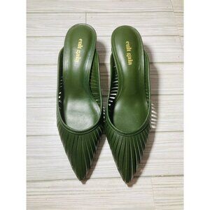 Cult Gaia Green Leather w/ Round Wood Kitten Heel Pumps Womens Size 35.5/ 5.5